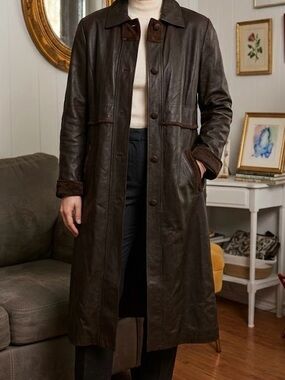 Vintage 90s Chocolate Brown Leather Suede Trim Long Trench Duster Grunge Matrix